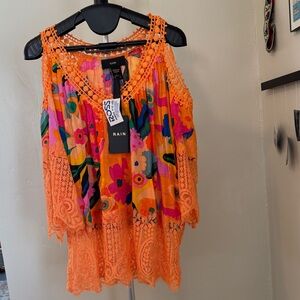 Women's Floral Lace Trim Top - Orange Multicolor